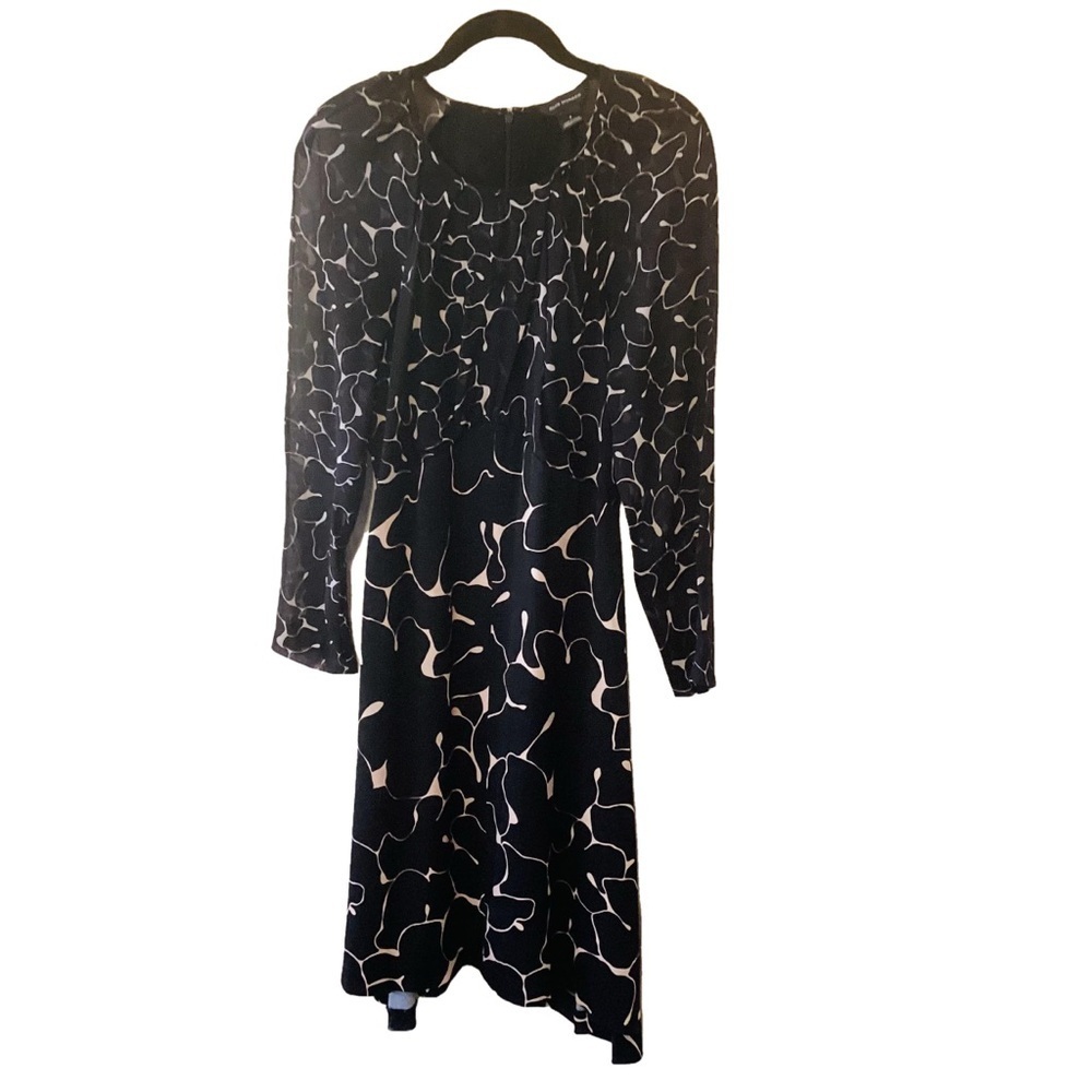 Club Monaco Silk Mixed Media Dress Black Tan Long Sleeve Abstract Print Luxury